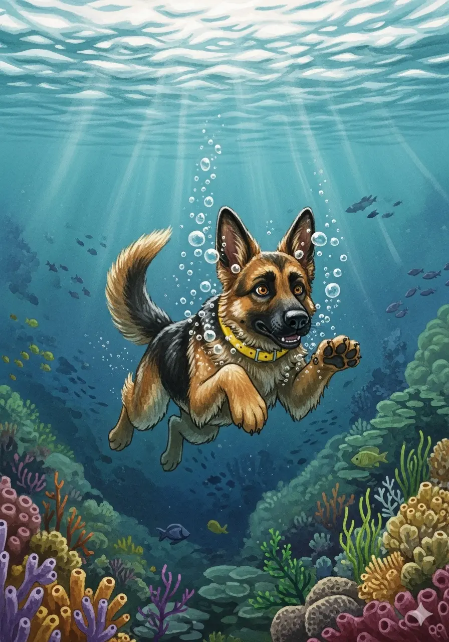 Story illustration of Dhana swimming underwater